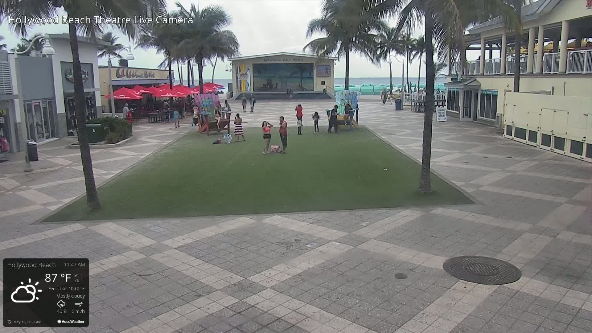 A mostly cloudy outdoor scene shows a paved plaza with a grassy area, several people, palm trees, beachside buildings, and an ocean view in the background.