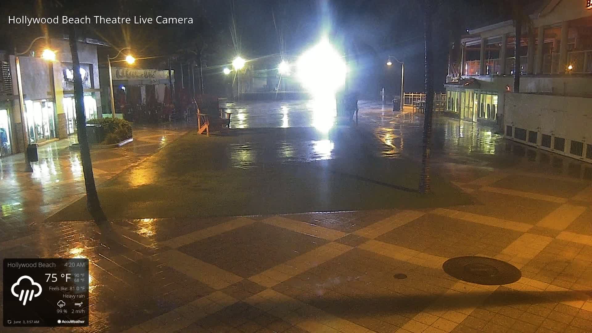 A wet, paved plaza at night is illuminated by streetlights and building lights under heavy rain.