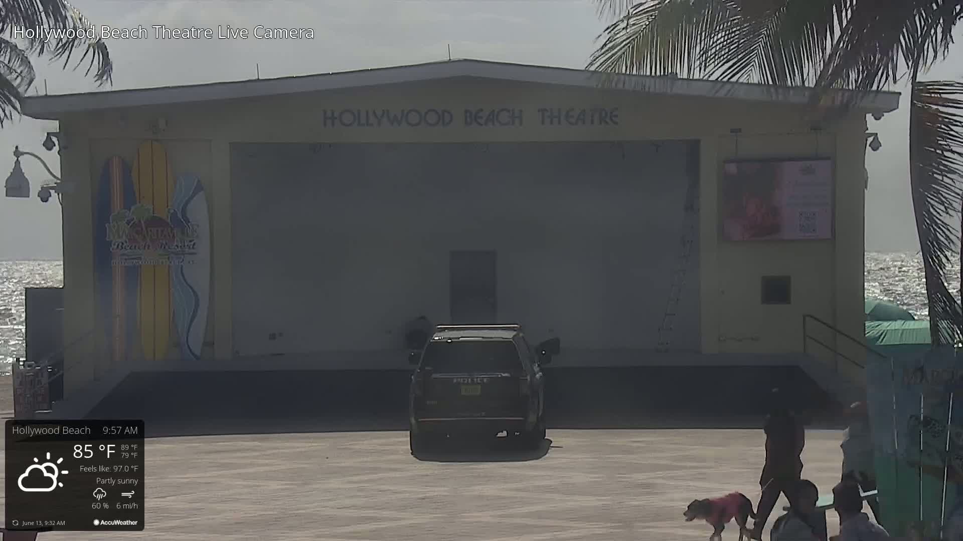 A partly sunny outdoor scene shows a beachside theater with a dark-colored SUV parked in front, people walking with a dog nearby, and the ocean visible in the background.