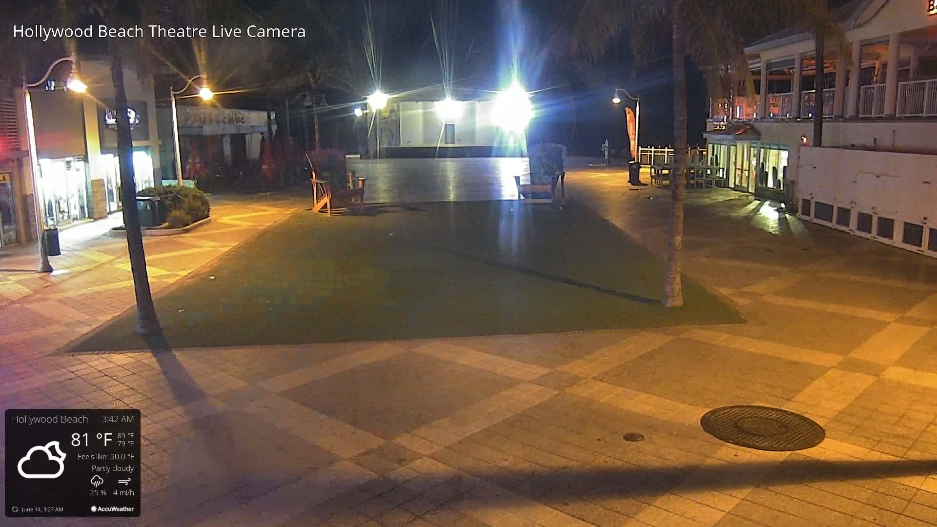 At night, under partly cloudy skies, an empty plaza with a grassy area and two empty chairs is illuminated by streetlights.