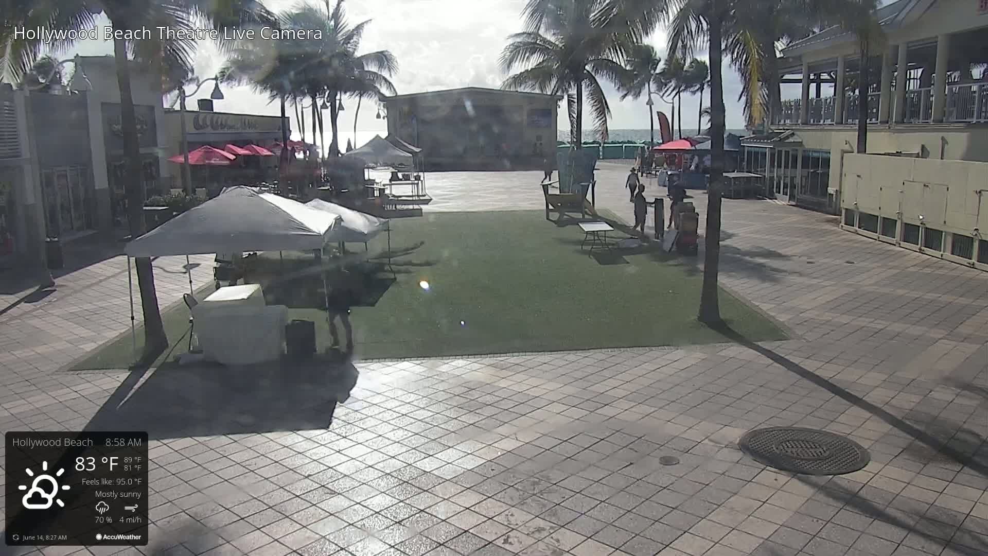 A mostly sunny outdoor scene shows a paved plaza with several pop-up tents, a stage, palm trees, and a few people.