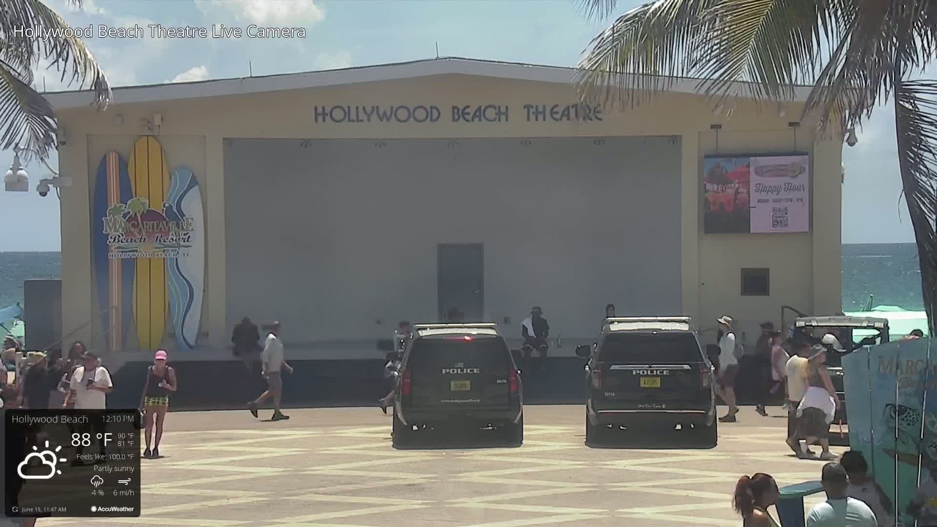 A partly sunny beach scene with a stage, two police SUVs, and several people, some near the ocean.