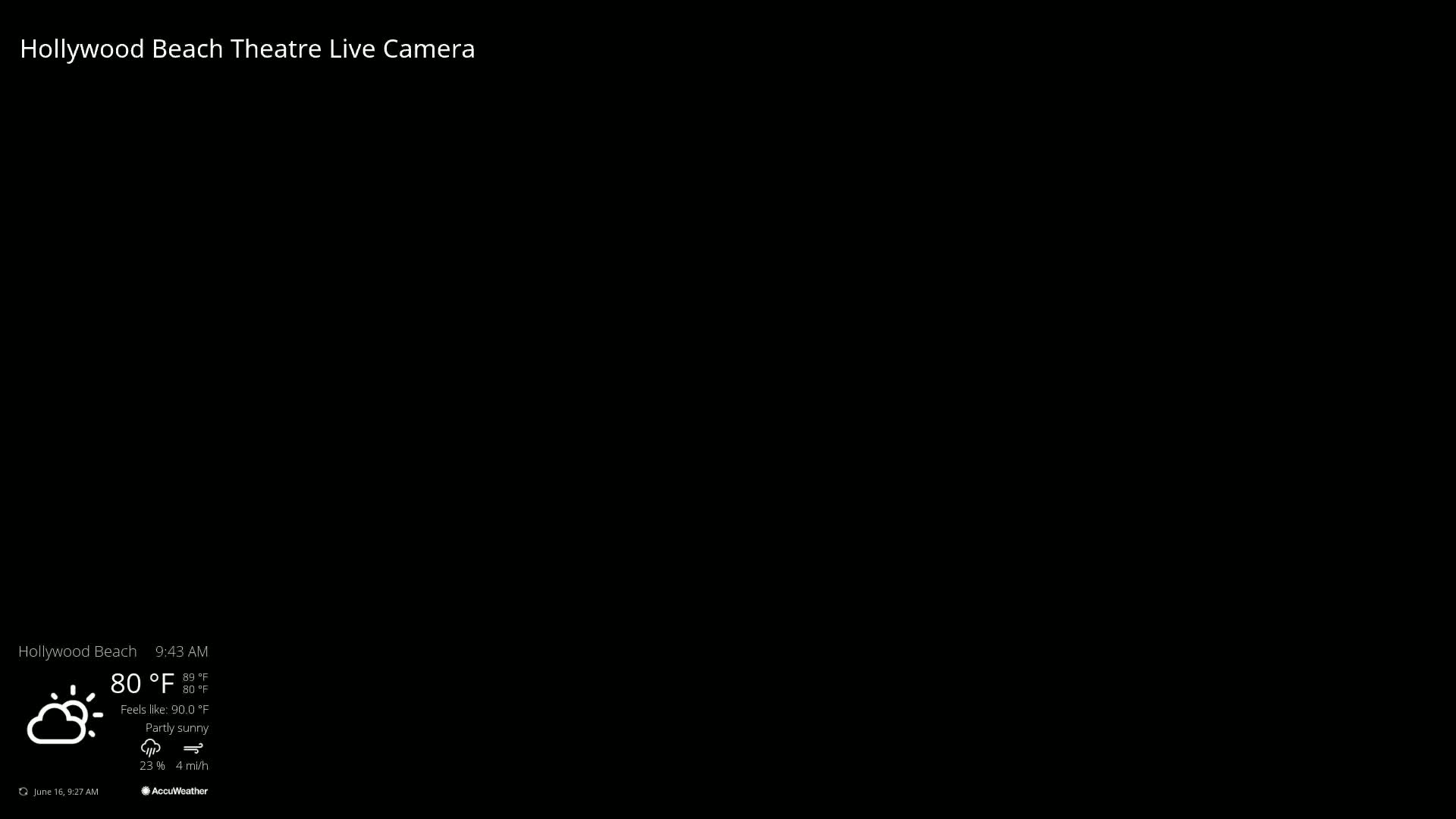 A black screen shows a partly sunny weather forecast of 80°F with a wind speed of 4 mph.