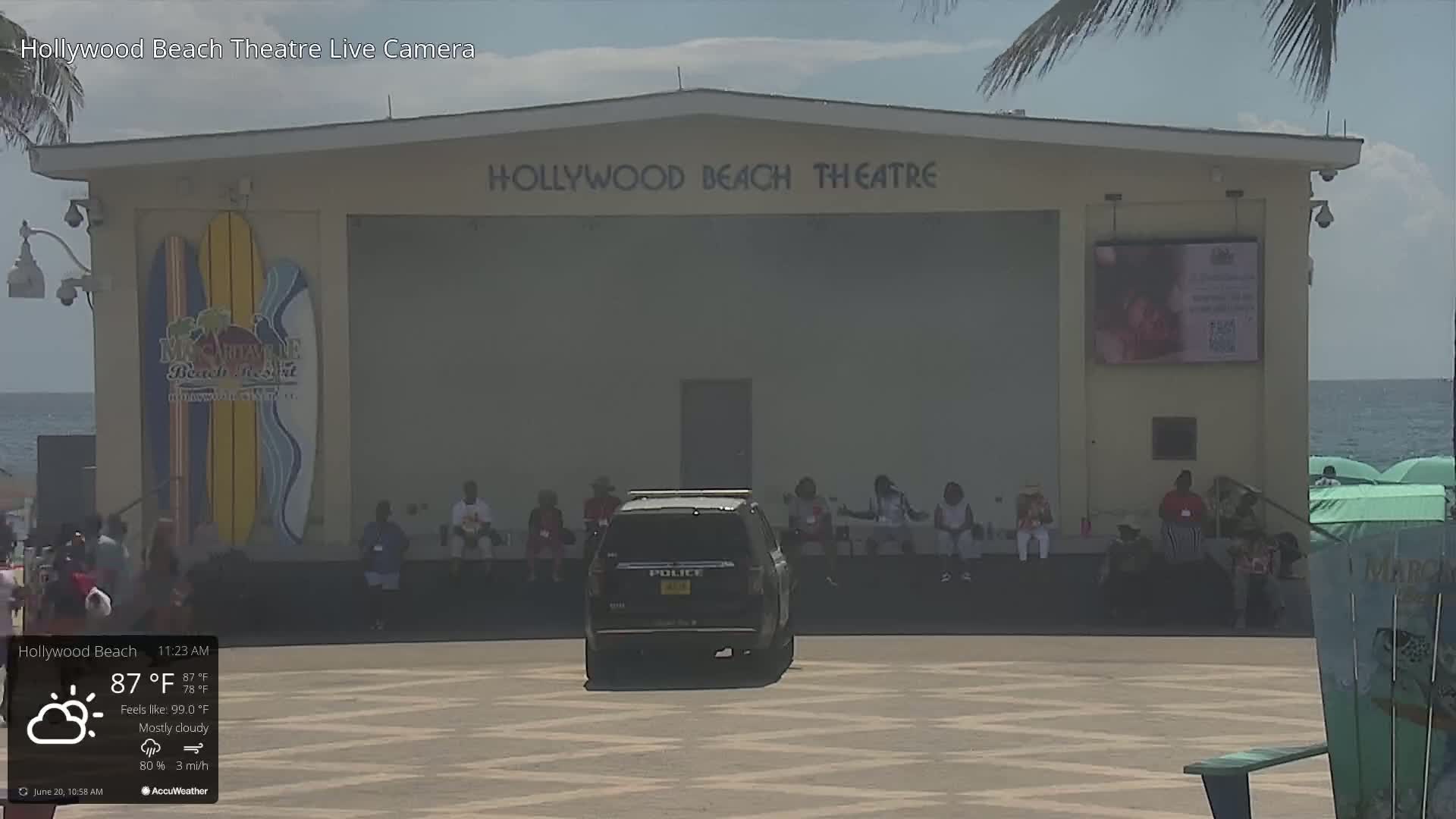 A mostly cloudy outdoor scene shows the Hollywood Beach Theatre, with a police vehicle parked in front, several people sitting on benches, and a calm ocean in the background.