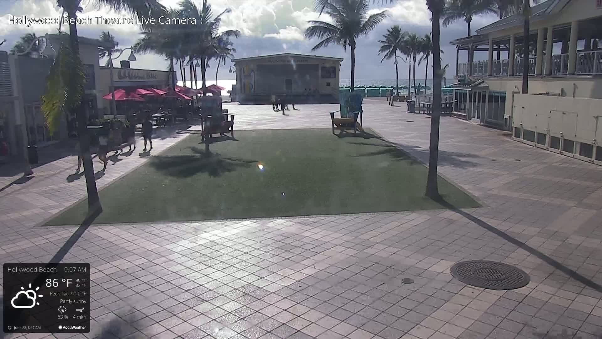 A partly sunny outdoor scene shows a paved plaza with a small grassy area, a stage, and several people walking near palm trees and buildings.