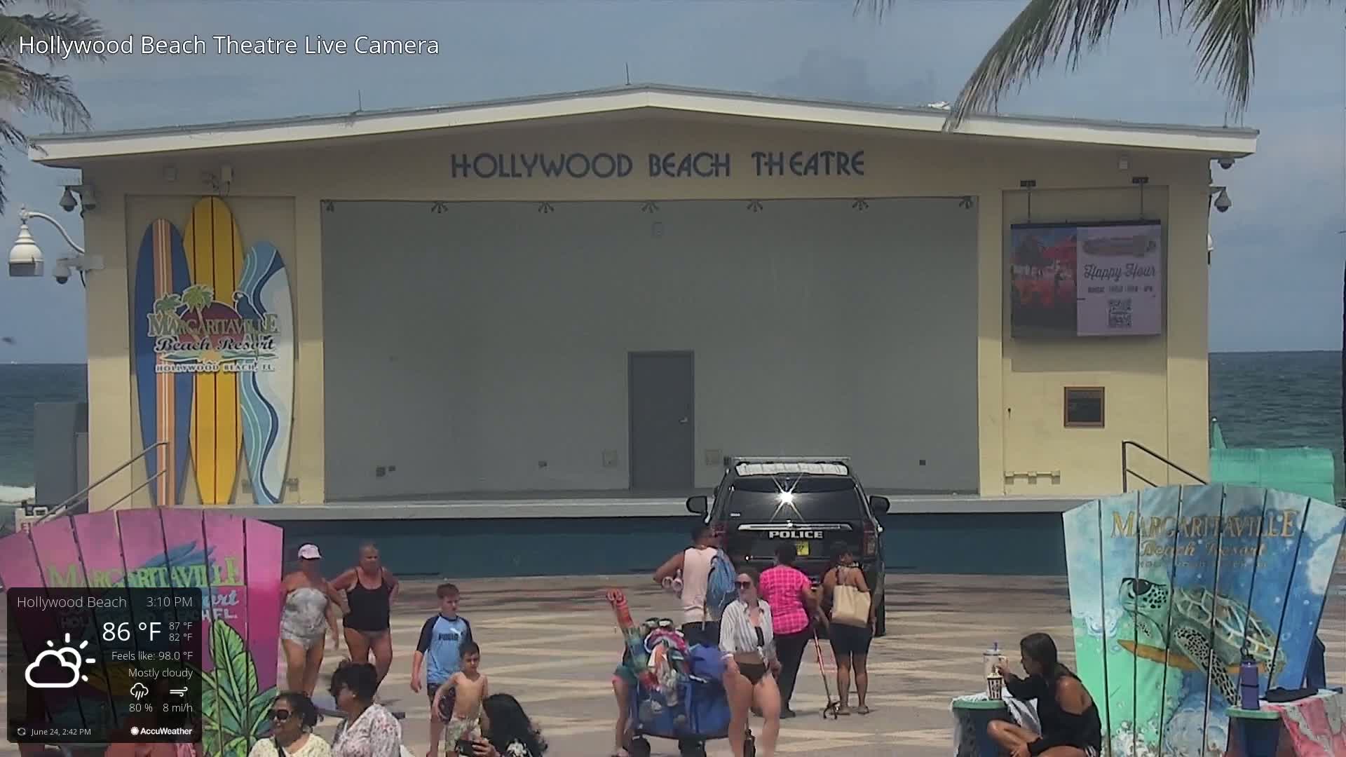 A mostly cloudy beach scene shows the Hollywood Beach Theatre with people gathered in front of it, a police vehicle parked nearby, and the ocean in the background.