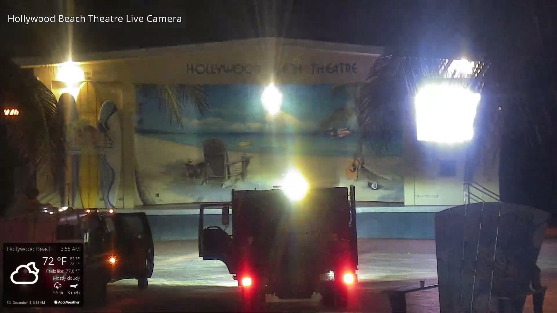 A dark utility vehicle with illuminated taillights is parked facing a brightly lit building adorned with a vibrant beach mural, flanked by palm trees on a clear, calm night.