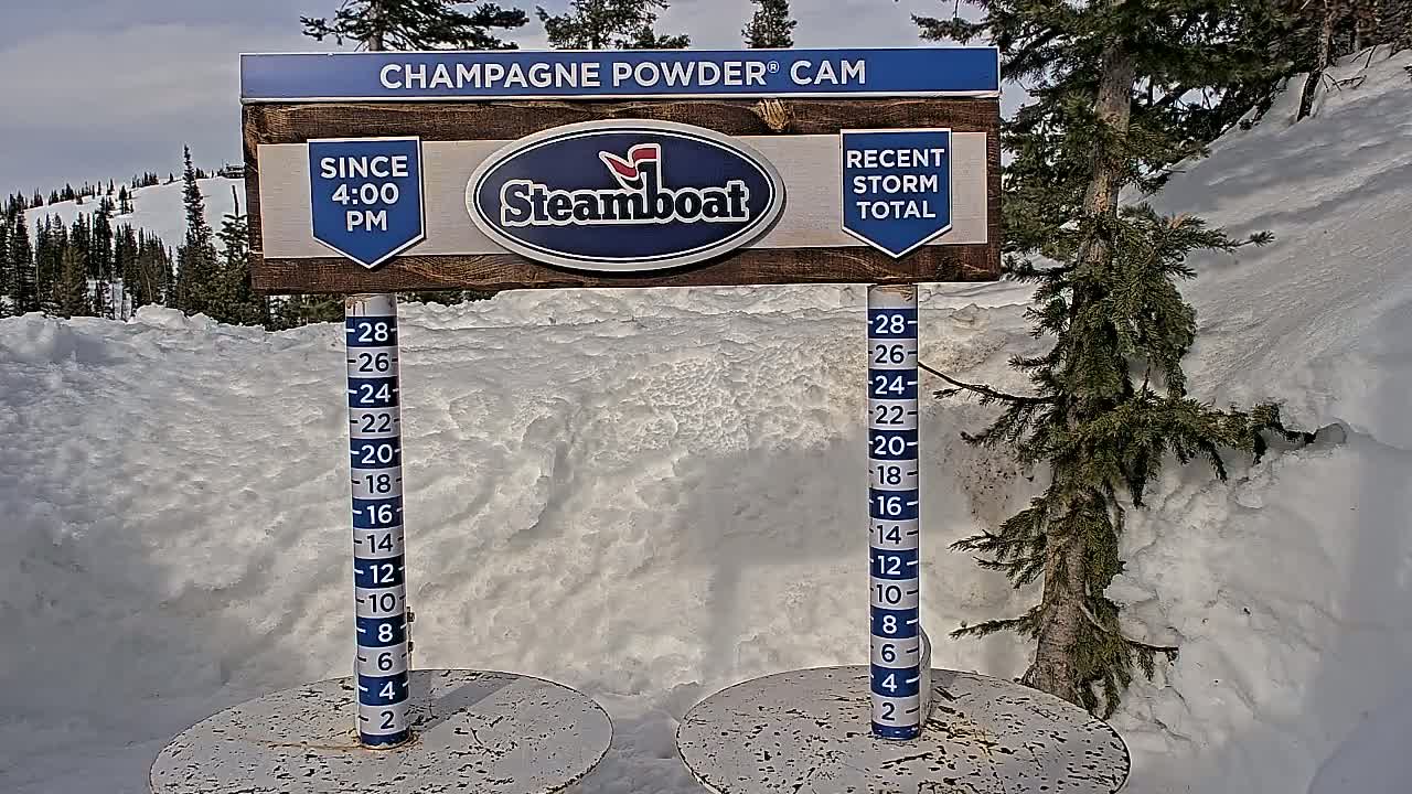 A snow depth gauge sits in a snowy landscape under a partly cloudy sky, with evergreen trees in the background.