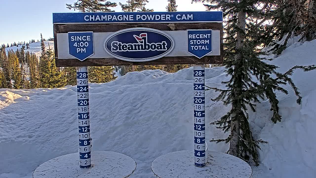 A snow-covered mountain slope with evergreen trees under a clear, bright sky is shown, with two snow depth gauges indicating recent snowfall.