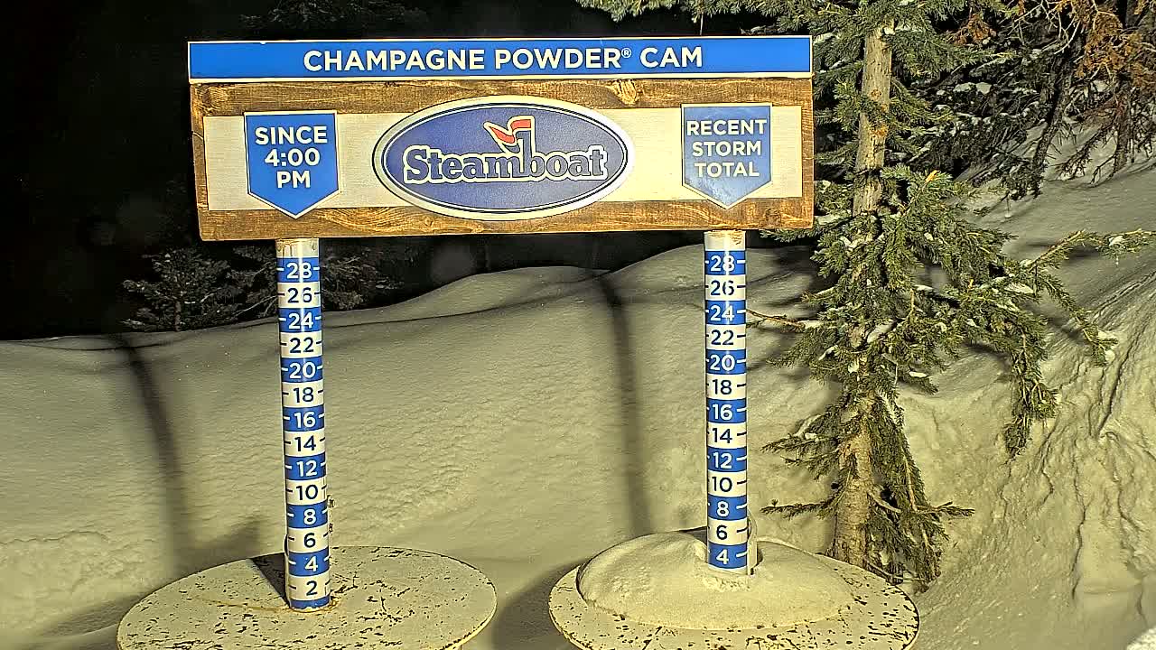 A nighttime snow gauge shows recent snowfall accumulation in a snowy landscape with evergreen trees.