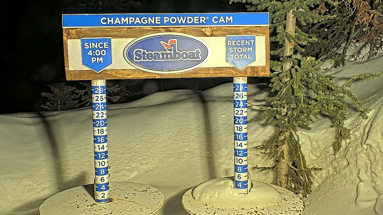 A nighttime snow-covered scene shows a wooden sign with snowfall measurements next to an evergreen tree under a dark sky.