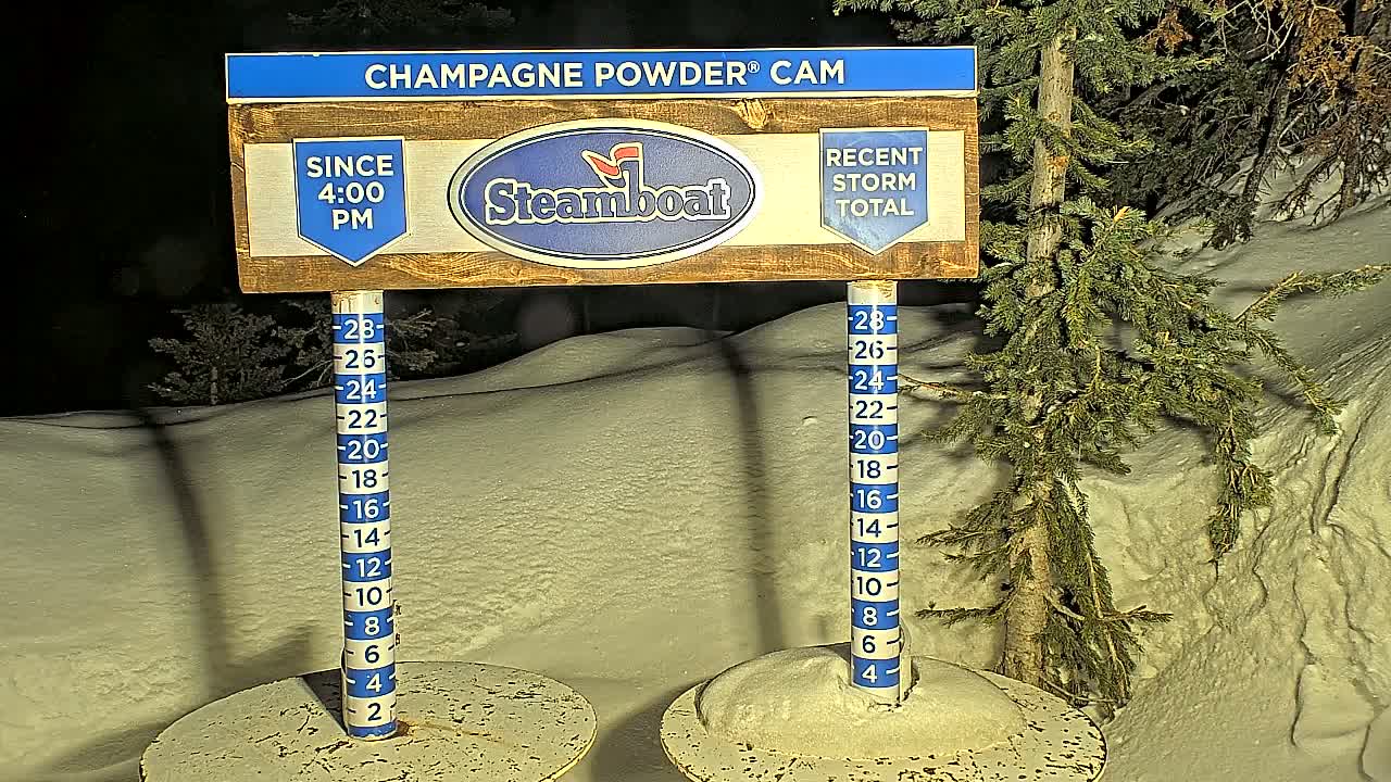 Two snow depth gauges stand in a snowy landscape at night, next to a evergreen tree, under a sign displaying snowfall accumulation measurements.