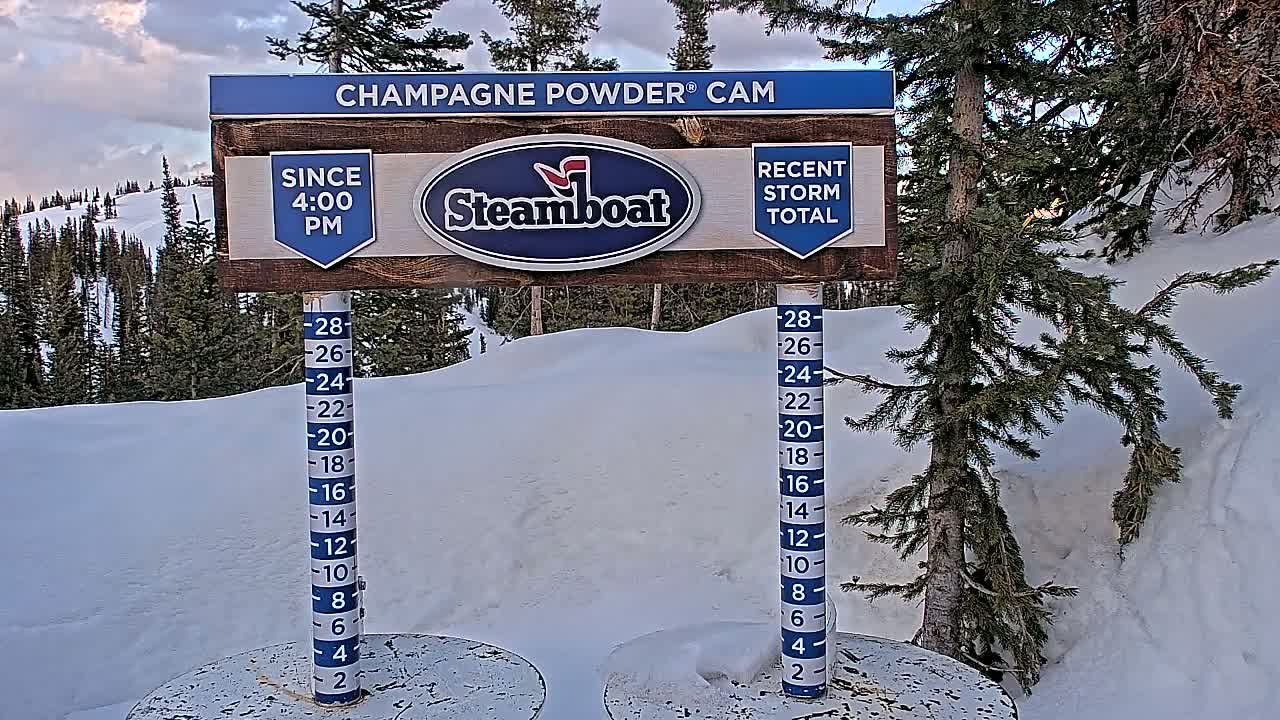 A snow depth gauge shows recent snowfall against a backdrop of snow-covered evergreens under a partly cloudy sky.