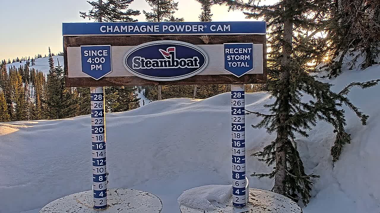 A snow depth gauge and sign showing recent snowfall in a snowy landscape at sunset, with evergreen trees in the background.
