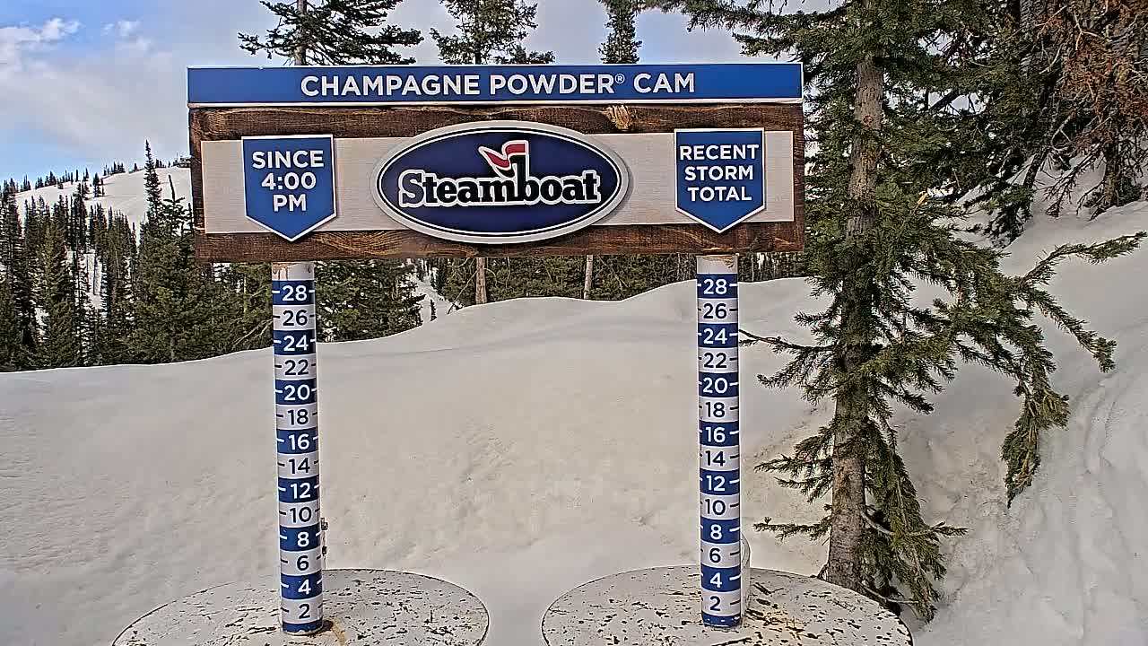 A snow depth gauge shows recent snowfall in a snowy mountain landscape under a partly sunny sky.