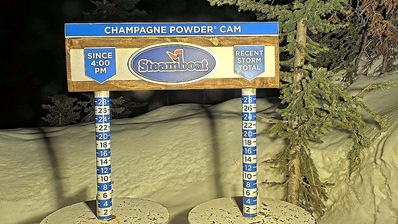 A nighttime snow-covered scene shows a wooden sign displaying snowfall measurements next to evergreen trees.