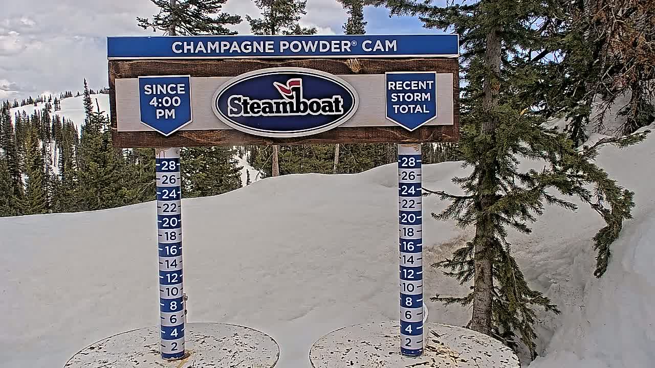 A snow depth gauge shows recent snowfall, with a partly cloudy sky visible in the background above a snow-covered mountain landscape.