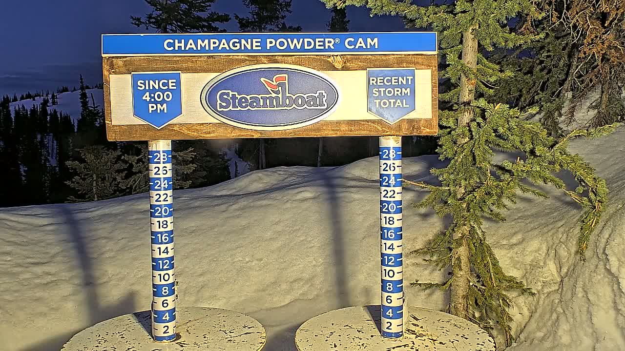 A snow depth gauge and sign indicating recent snowfall are shown against a backdrop of snow-covered ground and evergreen trees under a dark sky.