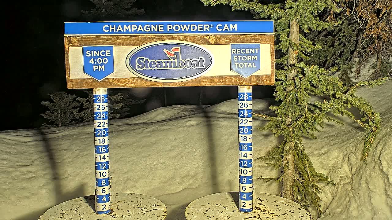 A nighttime snow-covered scene shows a wooden sign with a snow depth gauge indicating recent snowfall near evergreen trees.