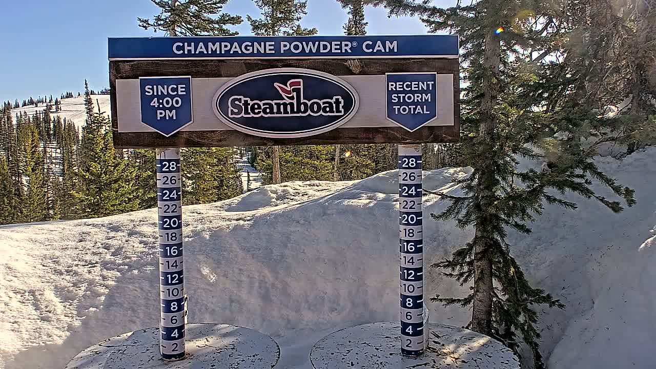 A snow depth gauge shows recent snowfall on a sunny day in a snowy mountain landscape with evergreen trees.