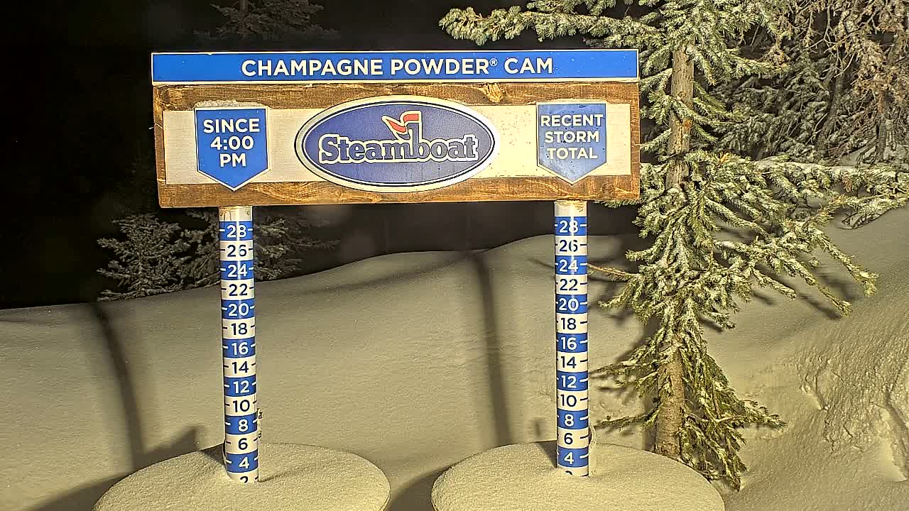 A nighttime snow scene shows a wooden sign displaying snowfall measurements next to snow-covered evergreen trees.