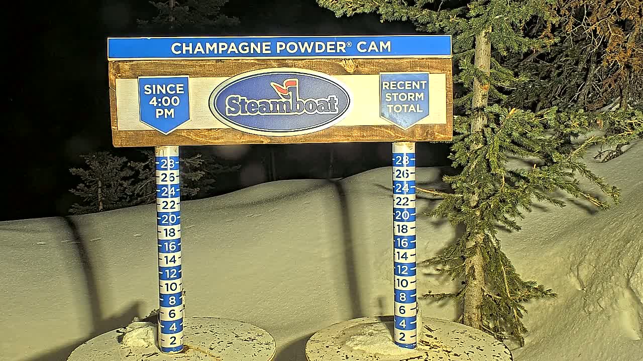 A nighttime snow depth gauge shows recent snowfall in a snowy landscape with evergreen trees.
