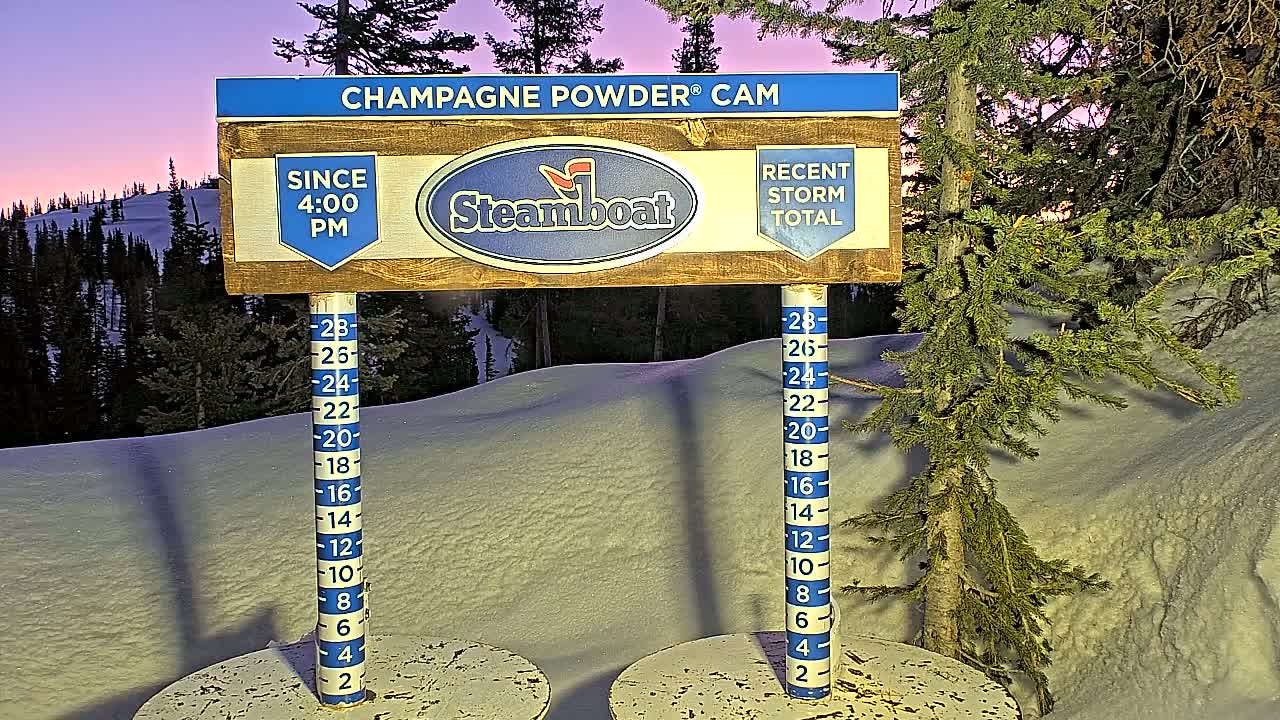 A snow depth gauge shows recent snowfall in a snowy landscape at dusk, with evergreen trees in the background.