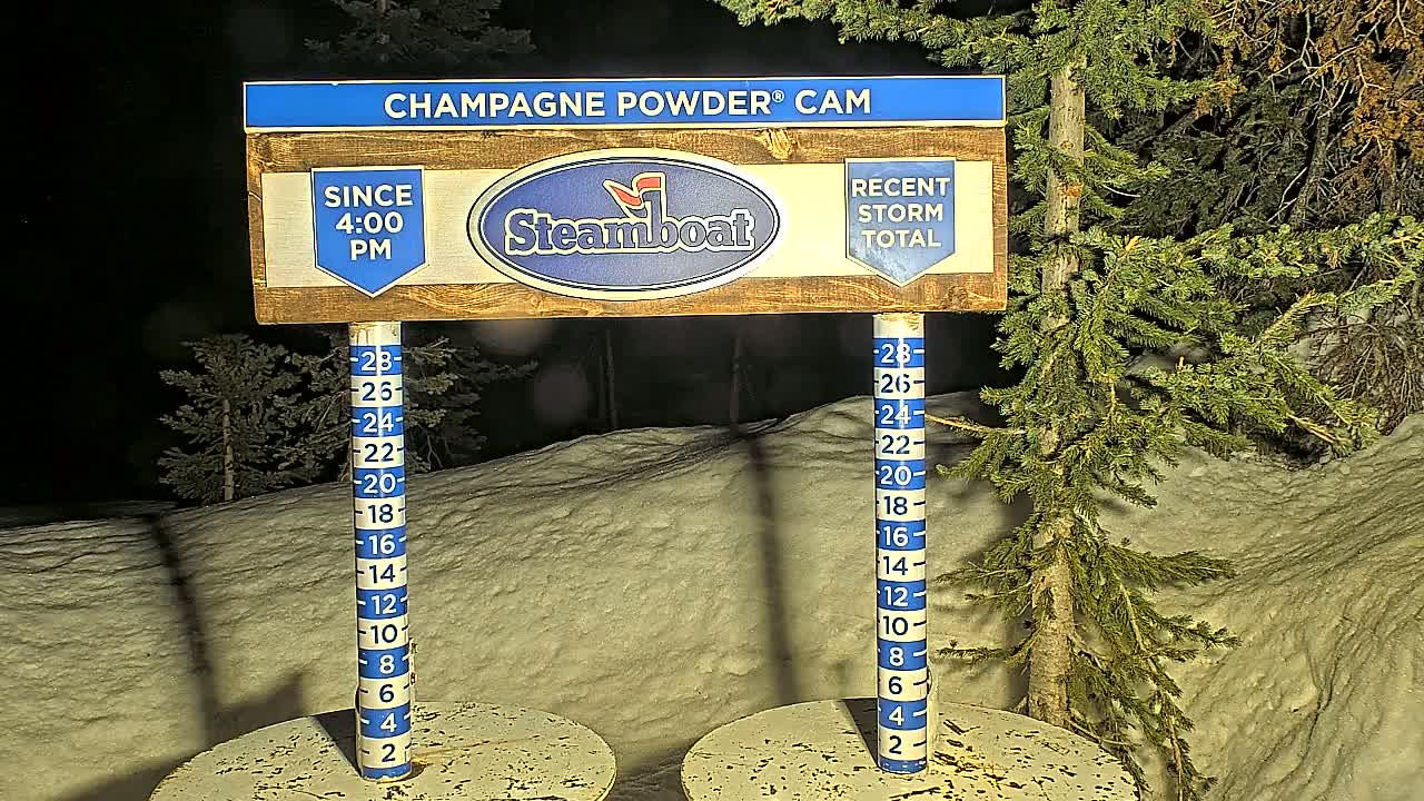 A nighttime snow-covered scene shows a wooden sign with snowfall measurements, evergreen trees, and a snow depth gauge.