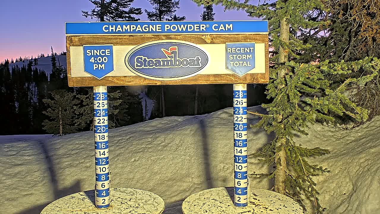A snow depth gauge and sign showing recent snowfall at dusk, with a snowy landscape and evergreen trees in the background.