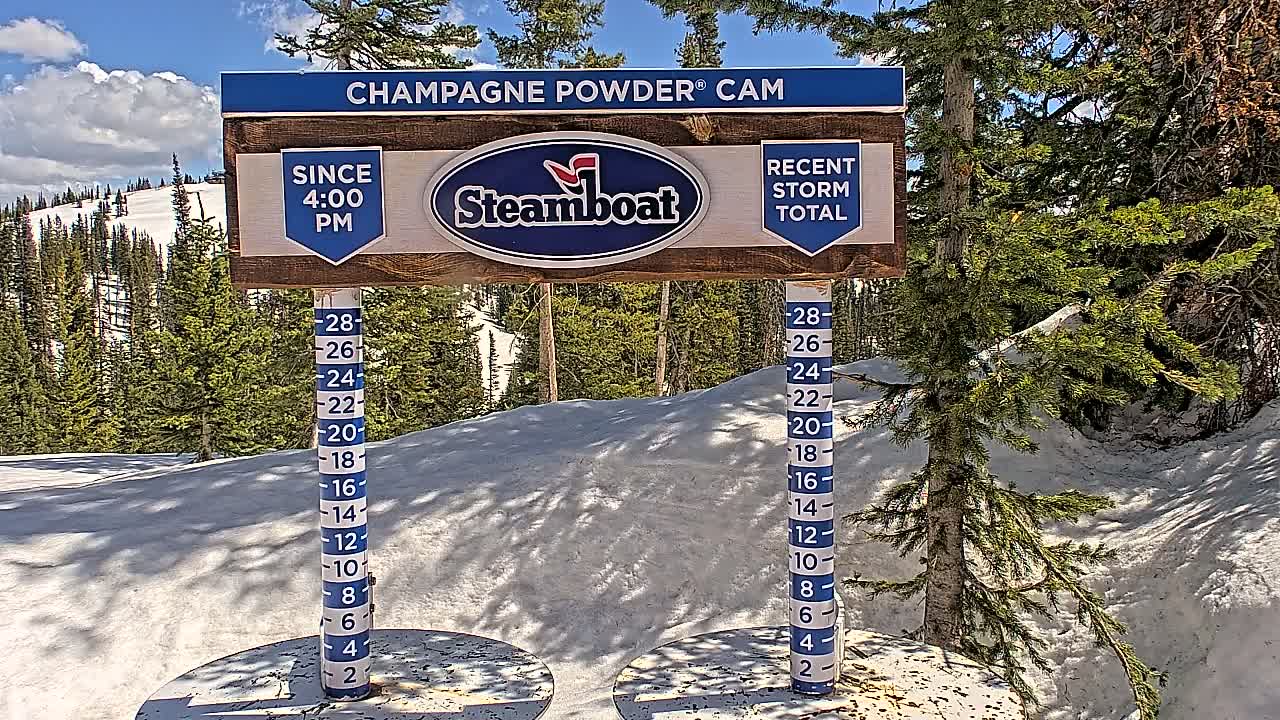 A snow-covered landscape with evergreen trees under a partly sunny sky is shown, with a snow depth gauge and a sign indicating recent snowfall.