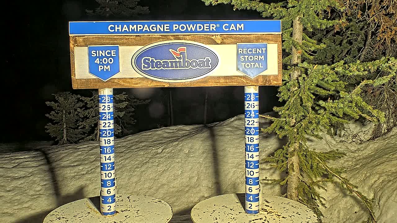 A nighttime snow depth measuring station shows a significant snowfall accumulation in a snowy landscape surrounded by evergreen trees.