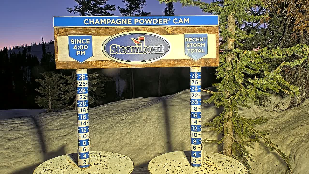 A snow depth gauge stands in a snowy landscape at twilight, with evergreen trees in the background.