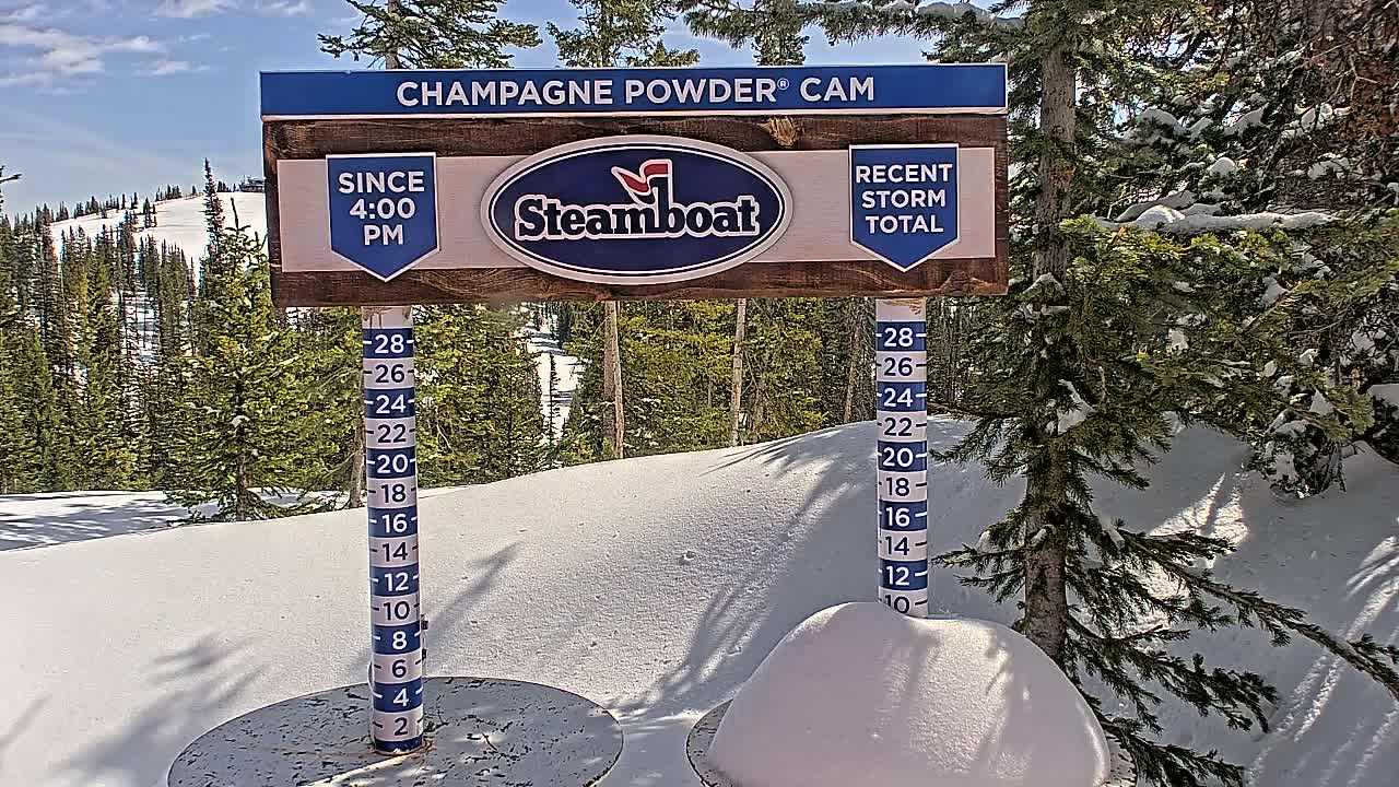 A snow-covered mountain landscape on a sunny day, with a snow depth gauge and a sign indicating recent snowfall.