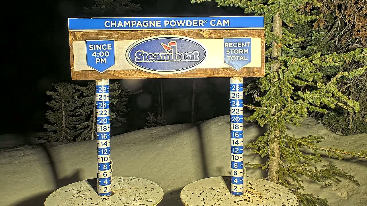 At night, a snow depth gauge shows recent snowfall against a backdrop of snow-covered ground and evergreen trees.
