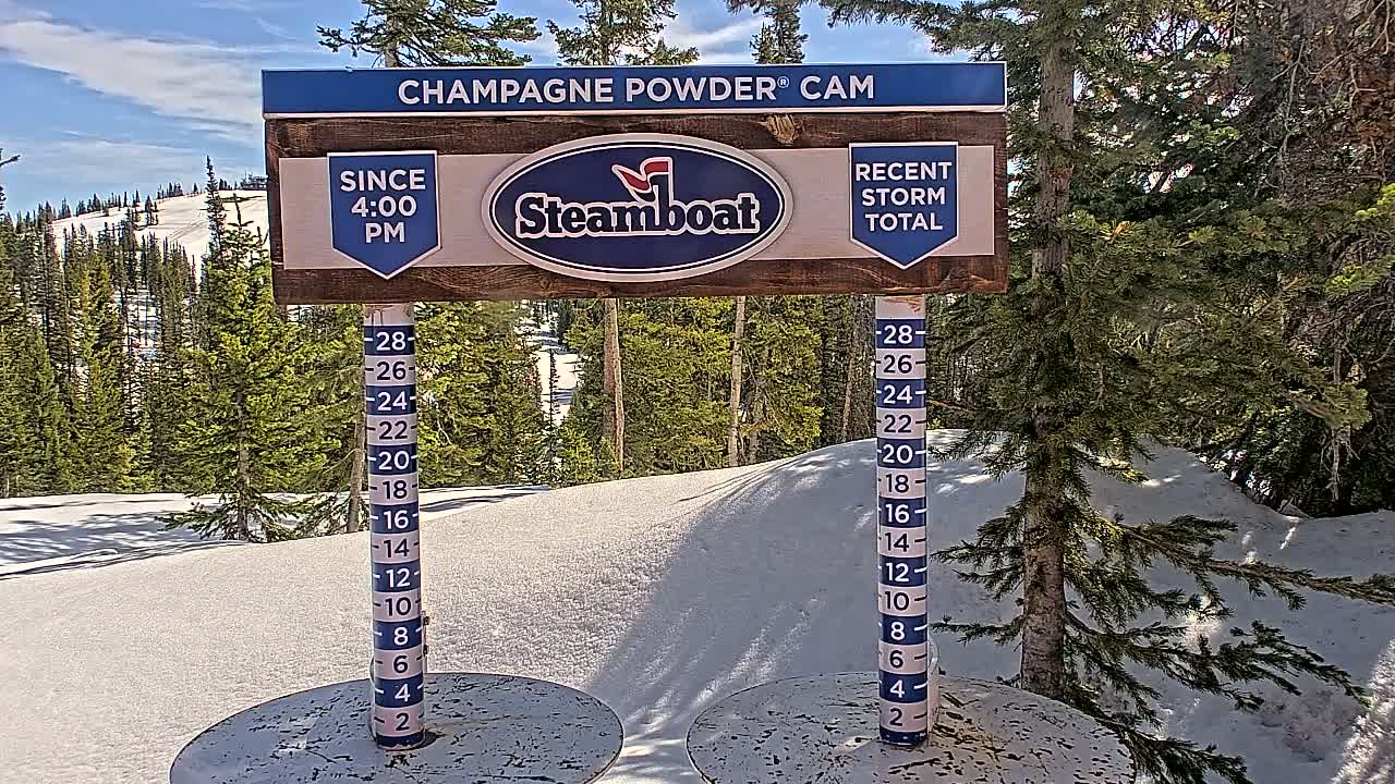 A snow depth measuring device stands in a sunny, snowy mountain landscape with evergreen trees.