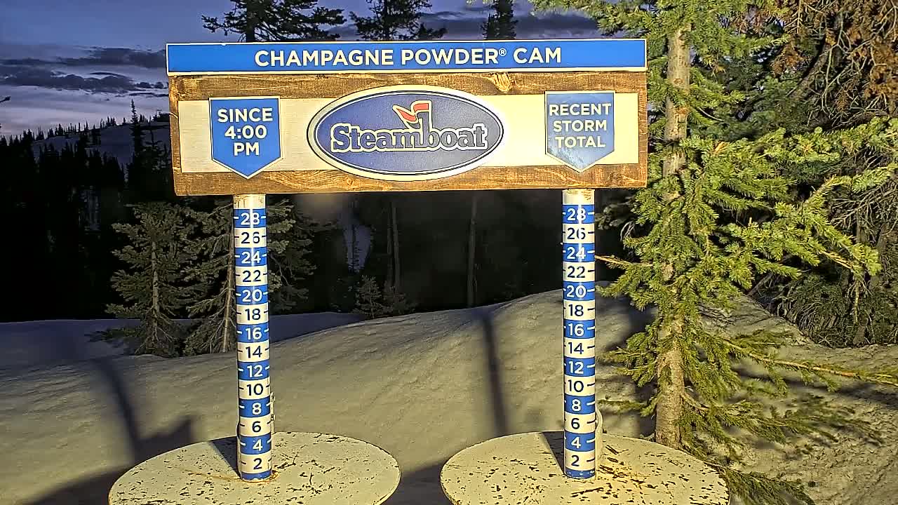 A snow-covered landscape at dusk is shown, with a snow depth gauge indicating recent snowfall and a sign displaying the Steamboat logo.