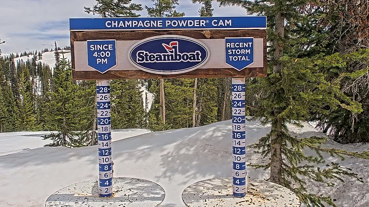 A snow depth gauge sits in front of a snow-covered landscape, with evergreen trees and partly cloudy skies.