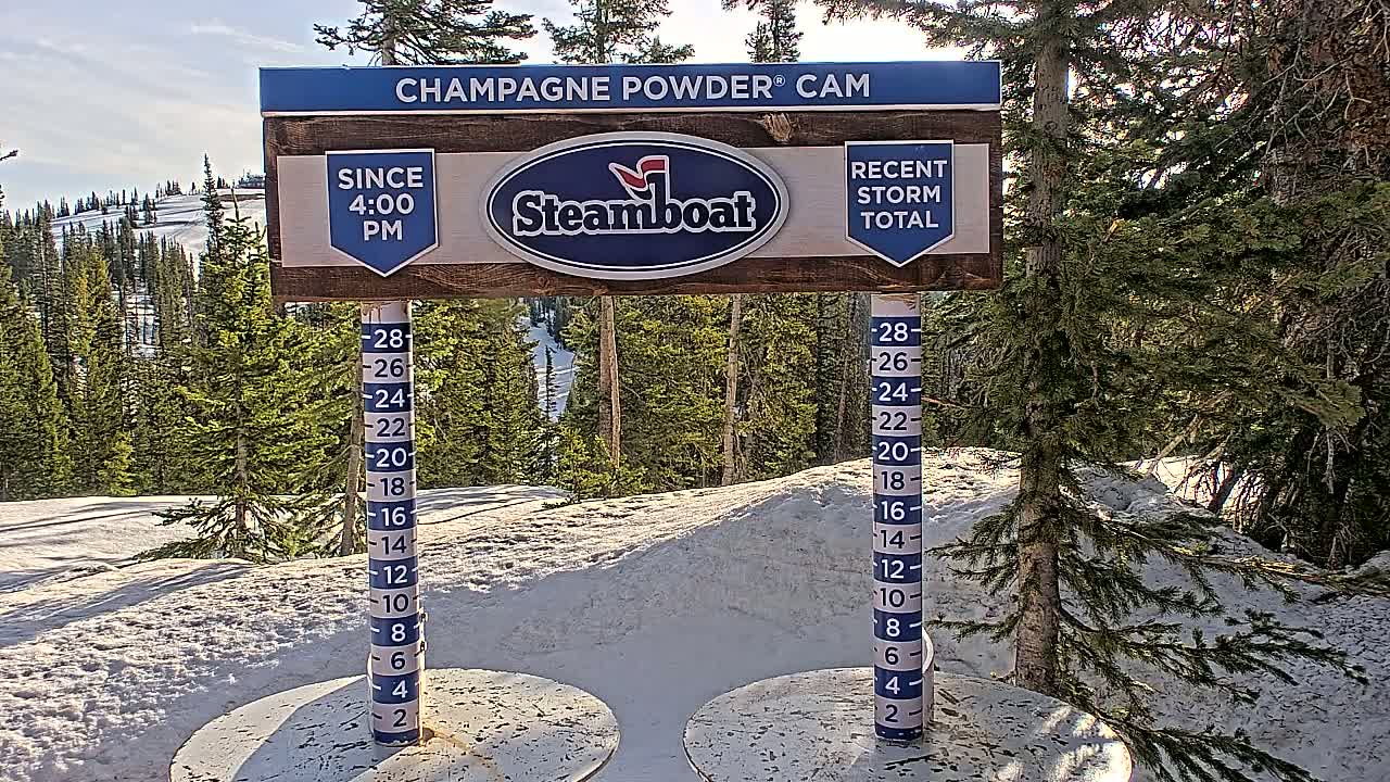 A snow depth gauge and sign showing recent snowfall stand in a snowy landscape with evergreen trees under a partly sunny sky.