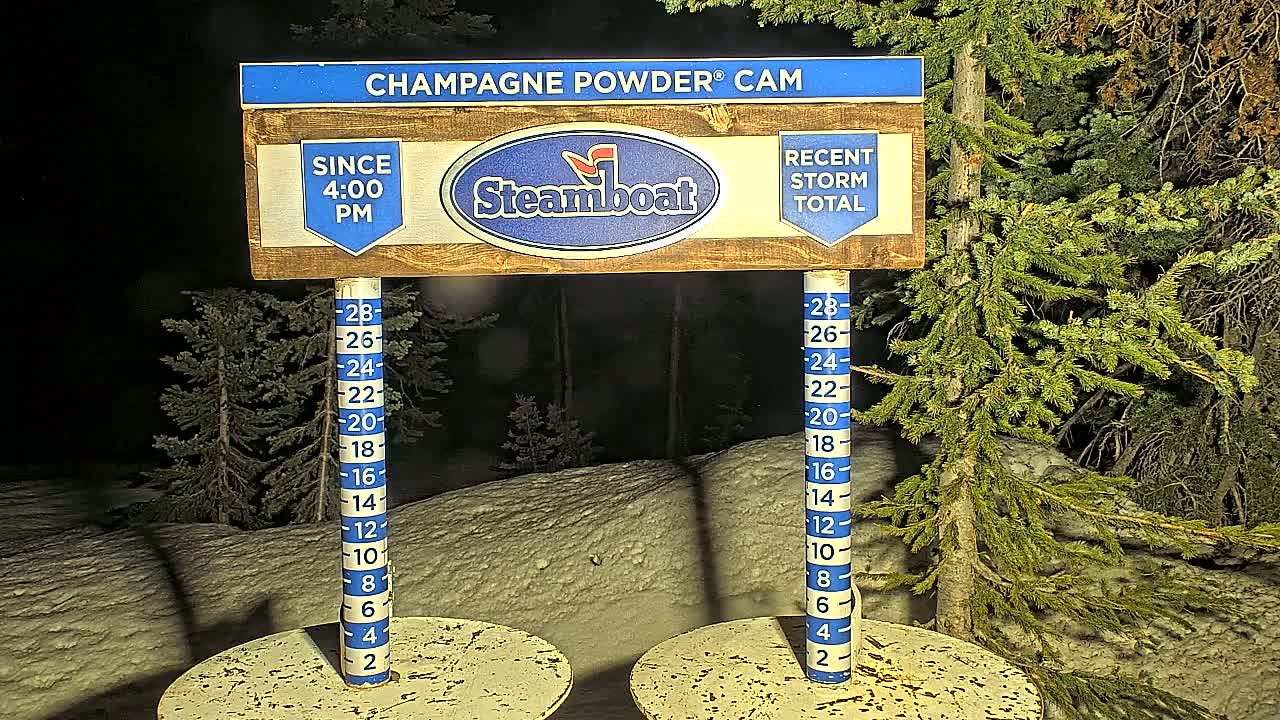 At night, under snowy conditions, a snow depth gauge stands next to a sign displaying a logo and snowfall measurements.