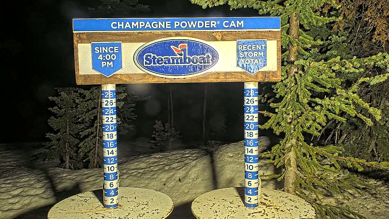 A nighttime snow-covered scene shows a wooden sign with a snow depth gauge next to evergreens under snowy conditions.