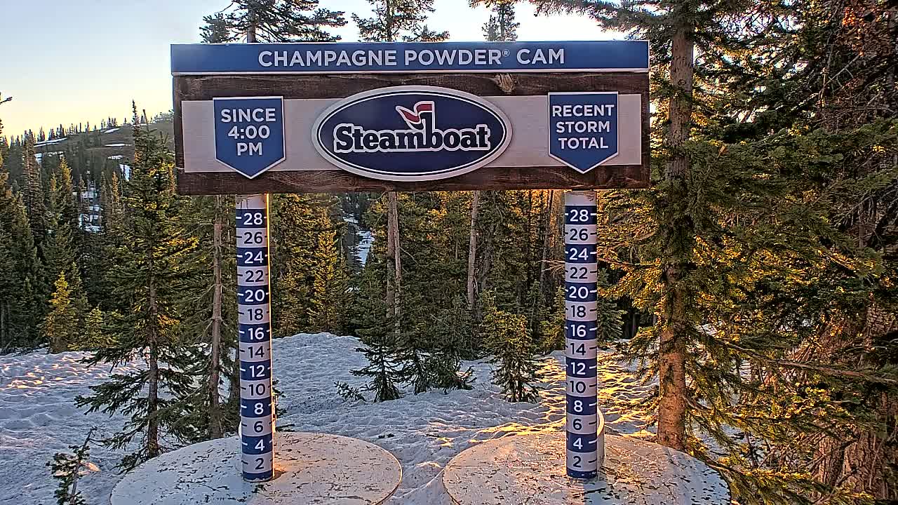 A snow depth gauge and sign are shown in a snowy, wooded area at sunset.