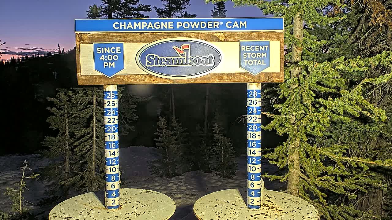 A snow-depth gauge and sign showing recent snowfall in a snowy, nighttime setting among evergreen trees under a twilight sky.