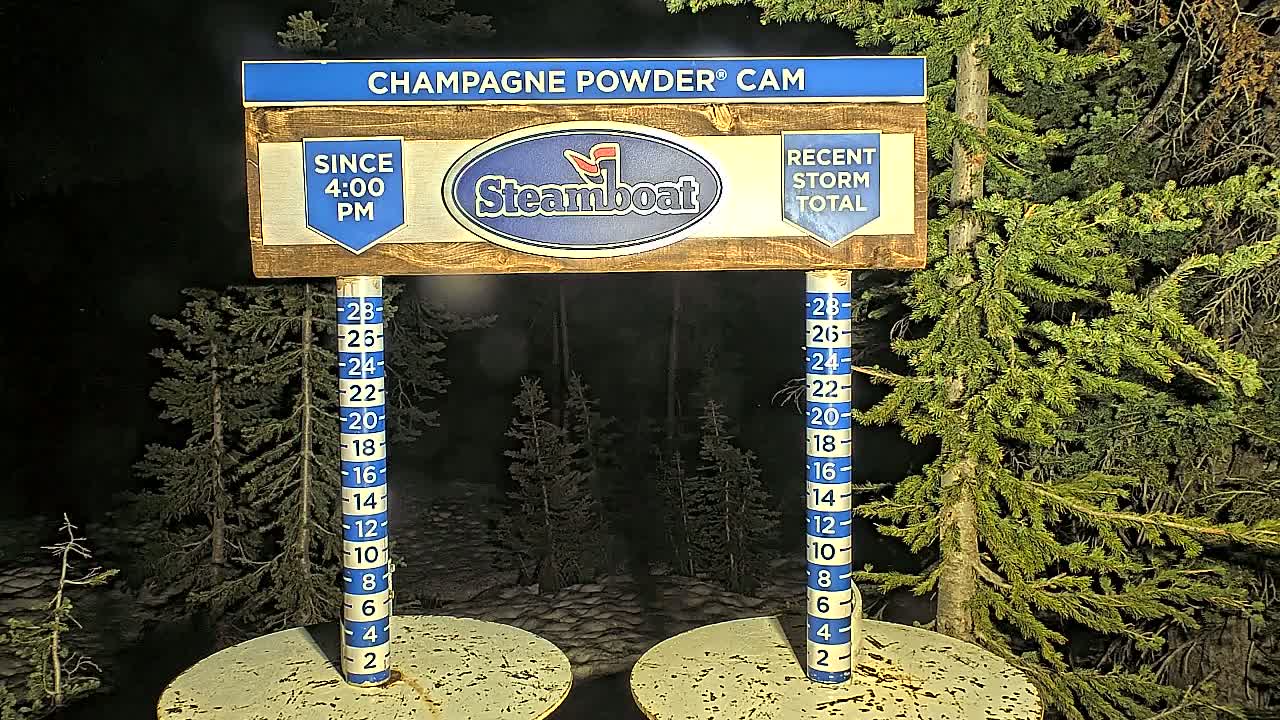 A nighttime snow-measuring station shows recent snowfall accumulation in a snowy, forested area.