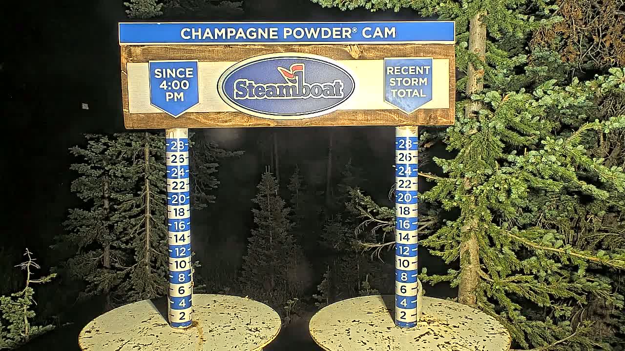 At night, a wooden sign displaying snowfall measurements stands between two round tables amidst evergreen trees.