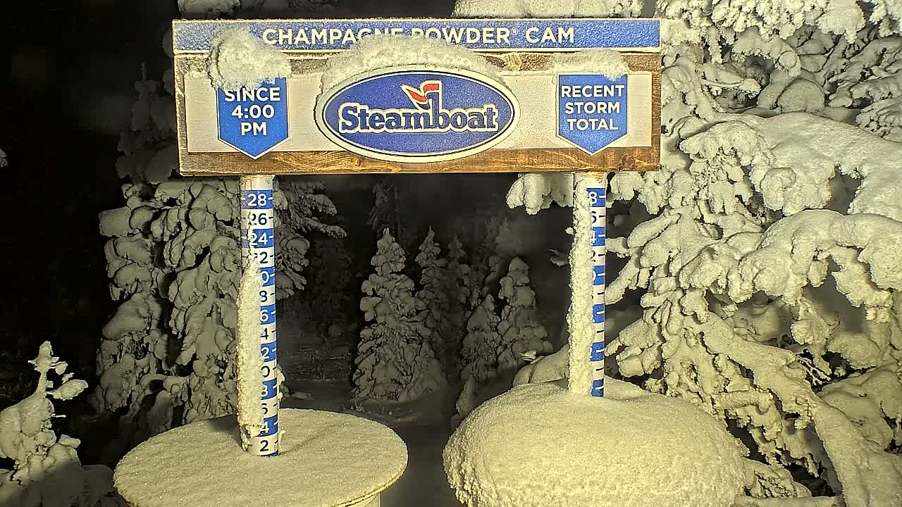 At night, a snow-covered wooden sign stands above two snow measurement stakes amidst a dense forest of heavily snow-laden trees, indicating deep, fresh snowfall.