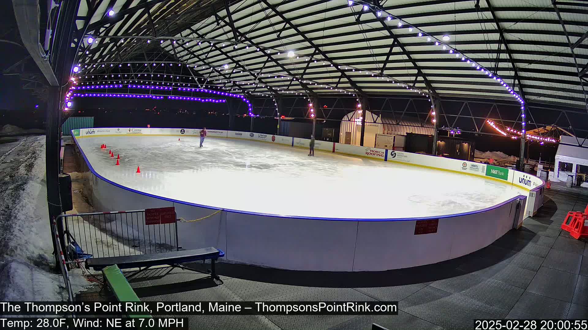 An outdoor ice rink, illuminated by string lights, is partially surrounded by snow under a night sky, with a few people ice skating.