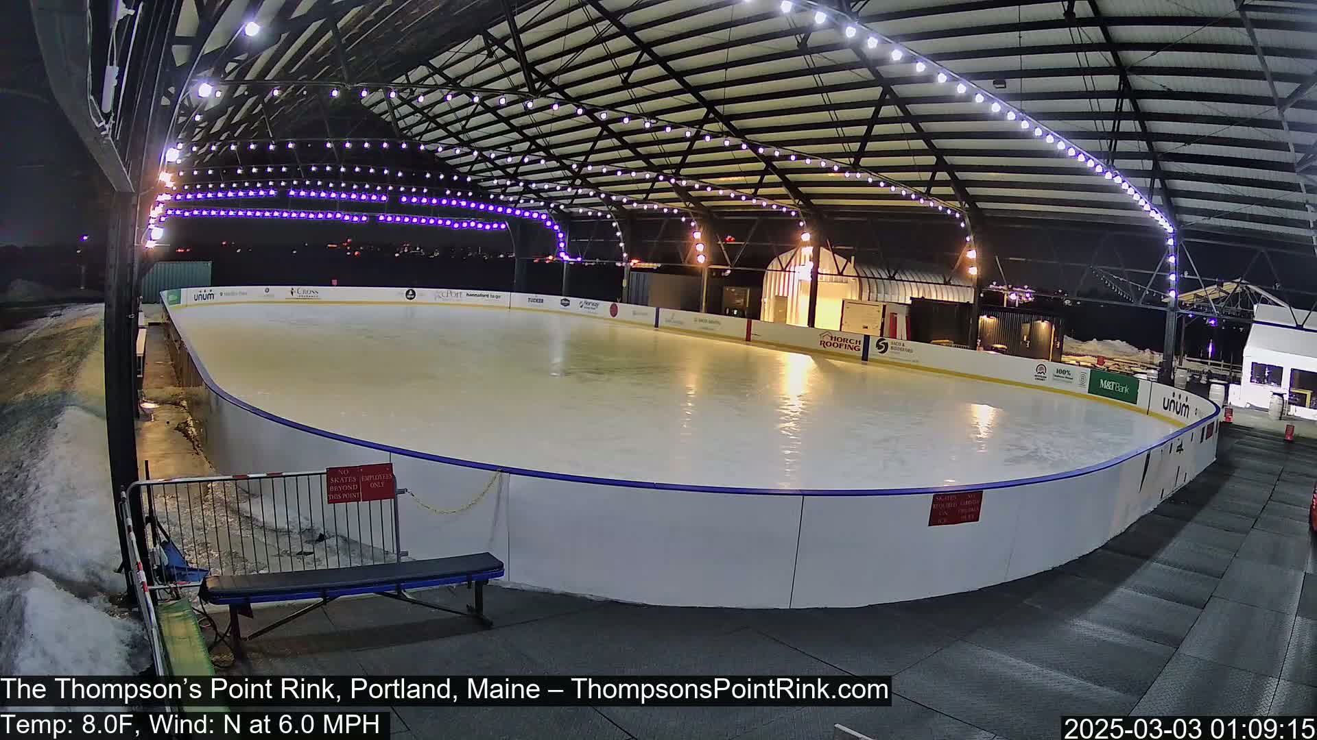 An outdoor ice rink at night, illuminated by lights strung overhead, with some snow visible nearby, and a bench next to the rink.
