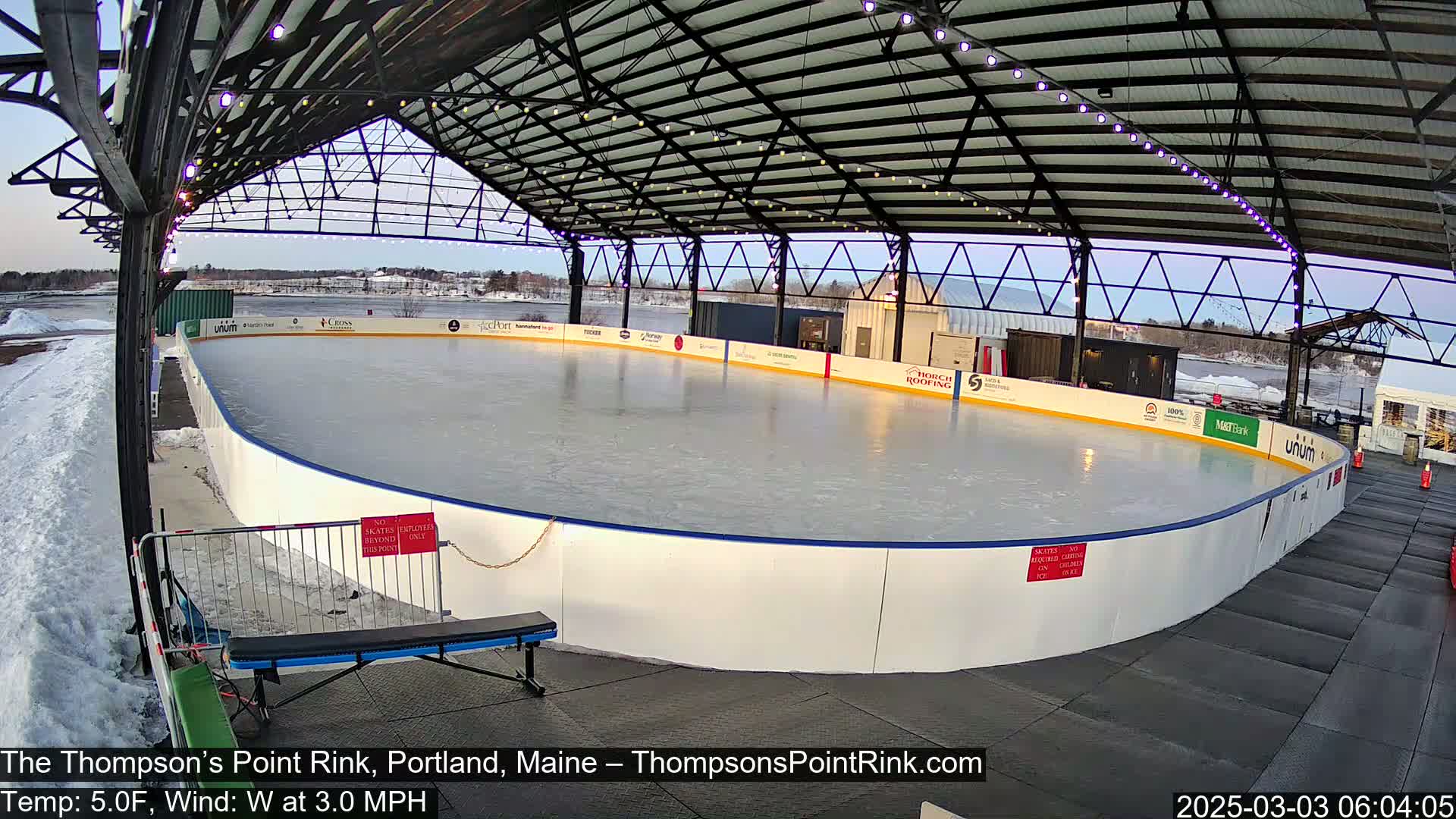 An outdoor ice rink, under a metal roof and lit with string lights, is surrounded by snow and a calm, twilight sky.