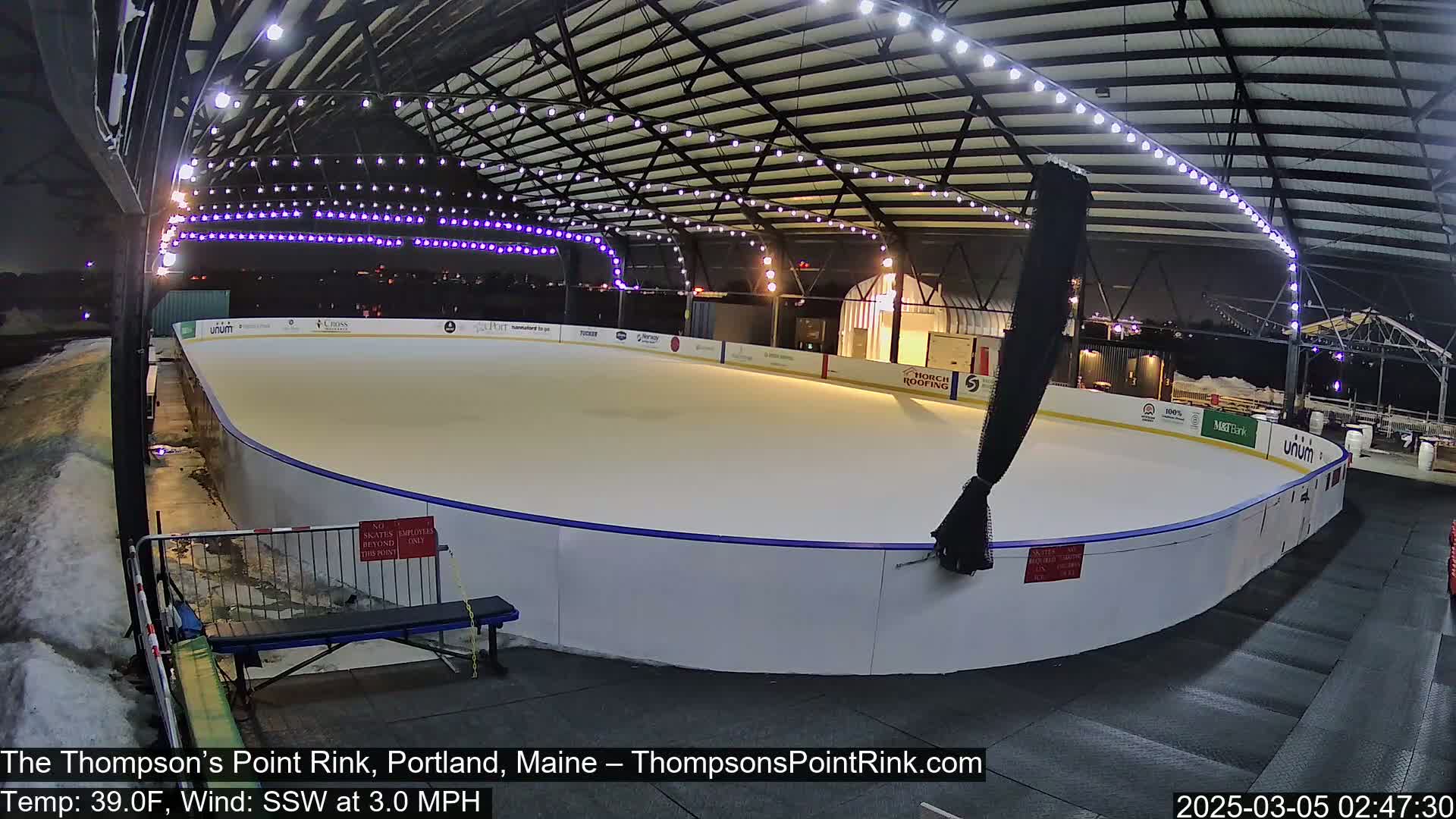 An outdoor ice rink, illuminated at night under a metal structure with string lights, is mostly empty with some snow visible nearby.