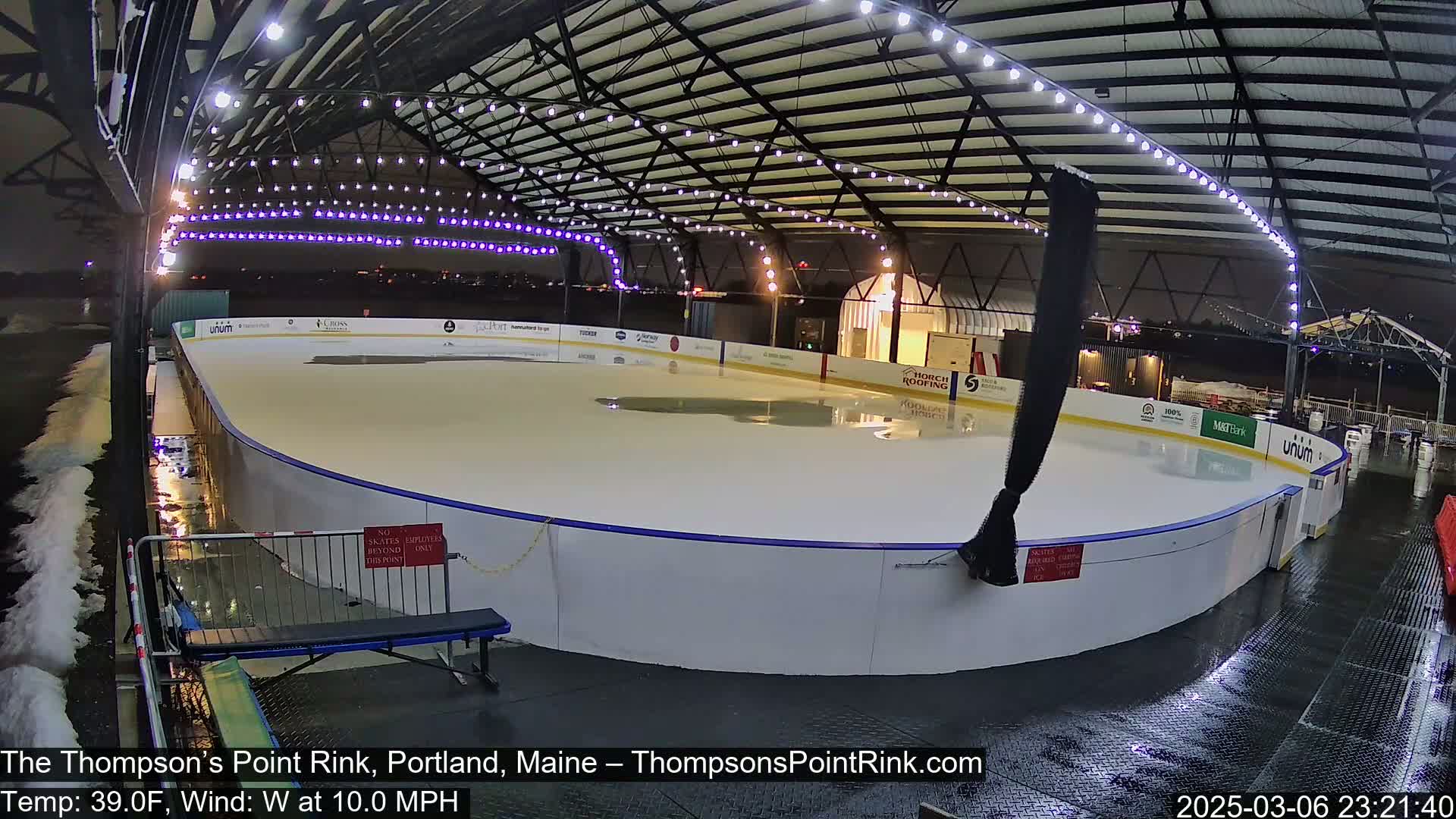 An outdoor ice rink, under a covered structure with string lights, is wet from rain at night.